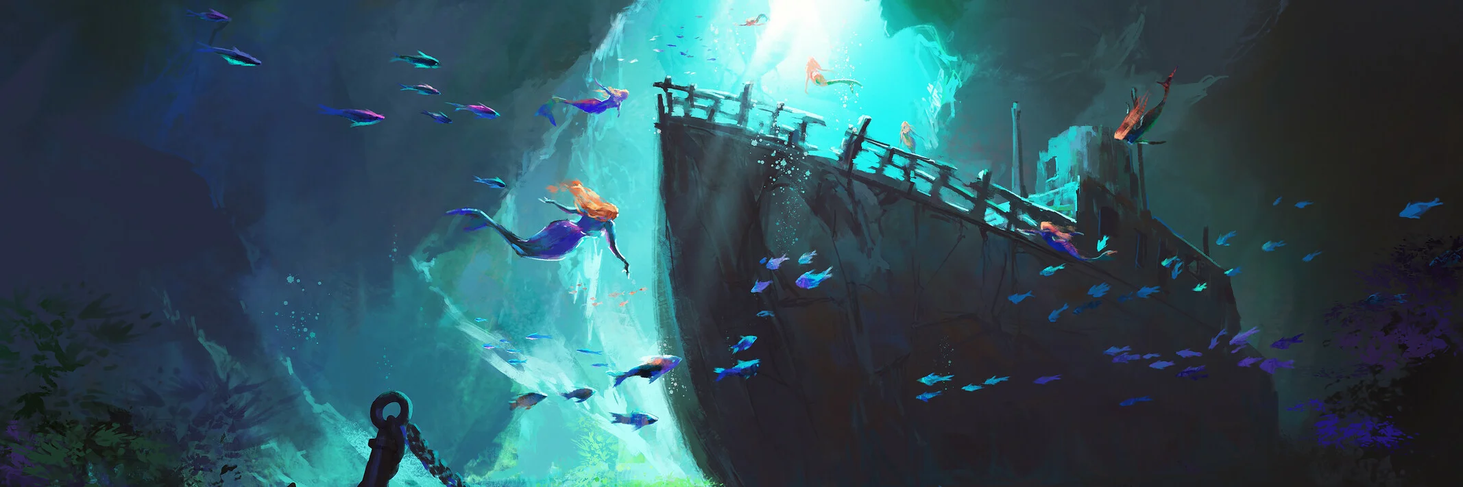 Underwater scene of a shipwreck with mermaids and colorful fish swimming around it, illuminated by a beam of light.