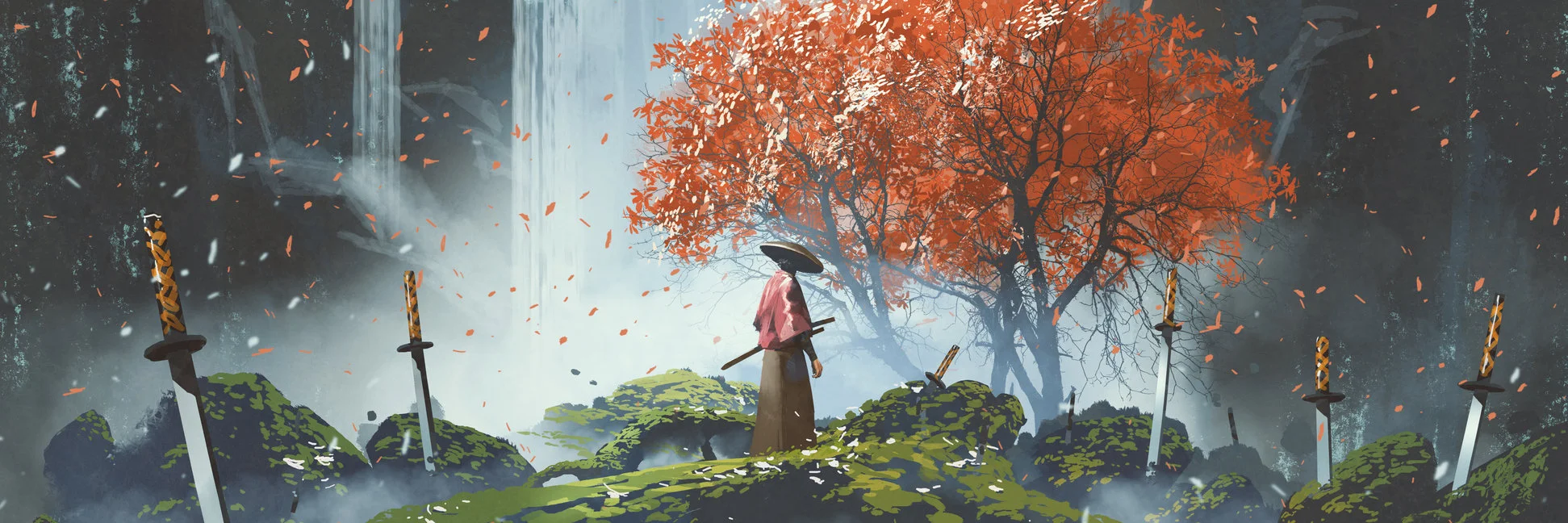 A solitary figure stands among embedded swords on a grassy outcrop, observing a vibrant red-leafed tree against a backdrop of waterfalls and misty mountains.