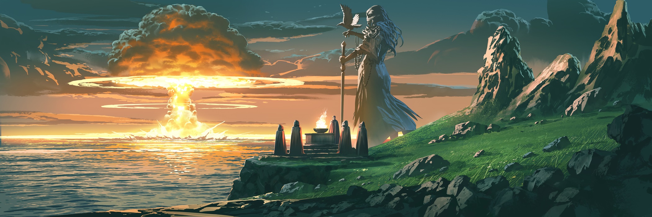 Black-robed figures gather around a fiery altar, conducting a ritual before the statue of an awe-inspiring goddess, on an island graced with verdant hills. In the sea beyond, a colossal explosion breaks the surface, contrasting the serenity of the island with a distant turmoil.