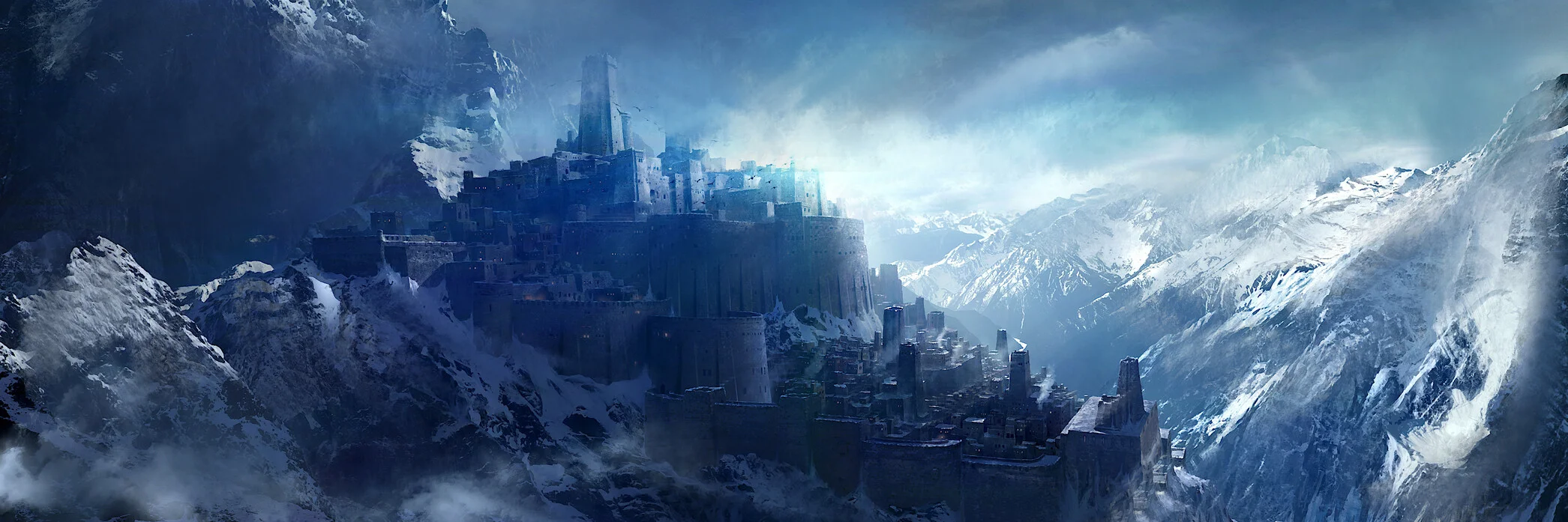 An isolated, snow-covered fortress nestled within rugged, towering mountains. The grand, sprawling structure features numerous towers and walls, illuminated by a cold, blue light that contrasts with the surrounding dark and misty atmosphere.