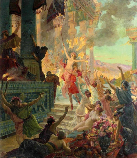  A chaotic and dramatic scene of ancient times. In the foreground, a group of people, including several partially nude women, are engaged in revelry with flowers and decorative items around them. To the left, a man in a green robe raises a torch. The central focus is on a man in red carrying a woman up a set of stairs, with flames and destruction visible behind them. The background shows a grand architectural structure with columns and detailed tile work, partially engulfed in fire and smoke, with a distant landscape visible beyond the chaos.