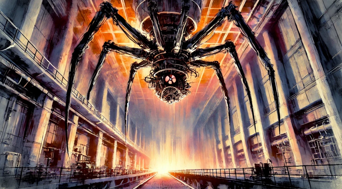 A giant mechanical spider hangs from the ceiling of a large, dimly lit industrial building, illuminated by fiery light in the background.