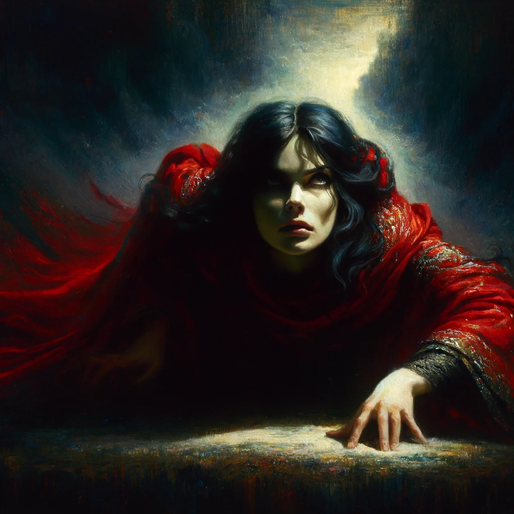 A woman with dark, disheveled hair, clothed in crimson red robes, crawling on the ground in a dimly lit, shadowy environment. She is looking upwards with with anger.