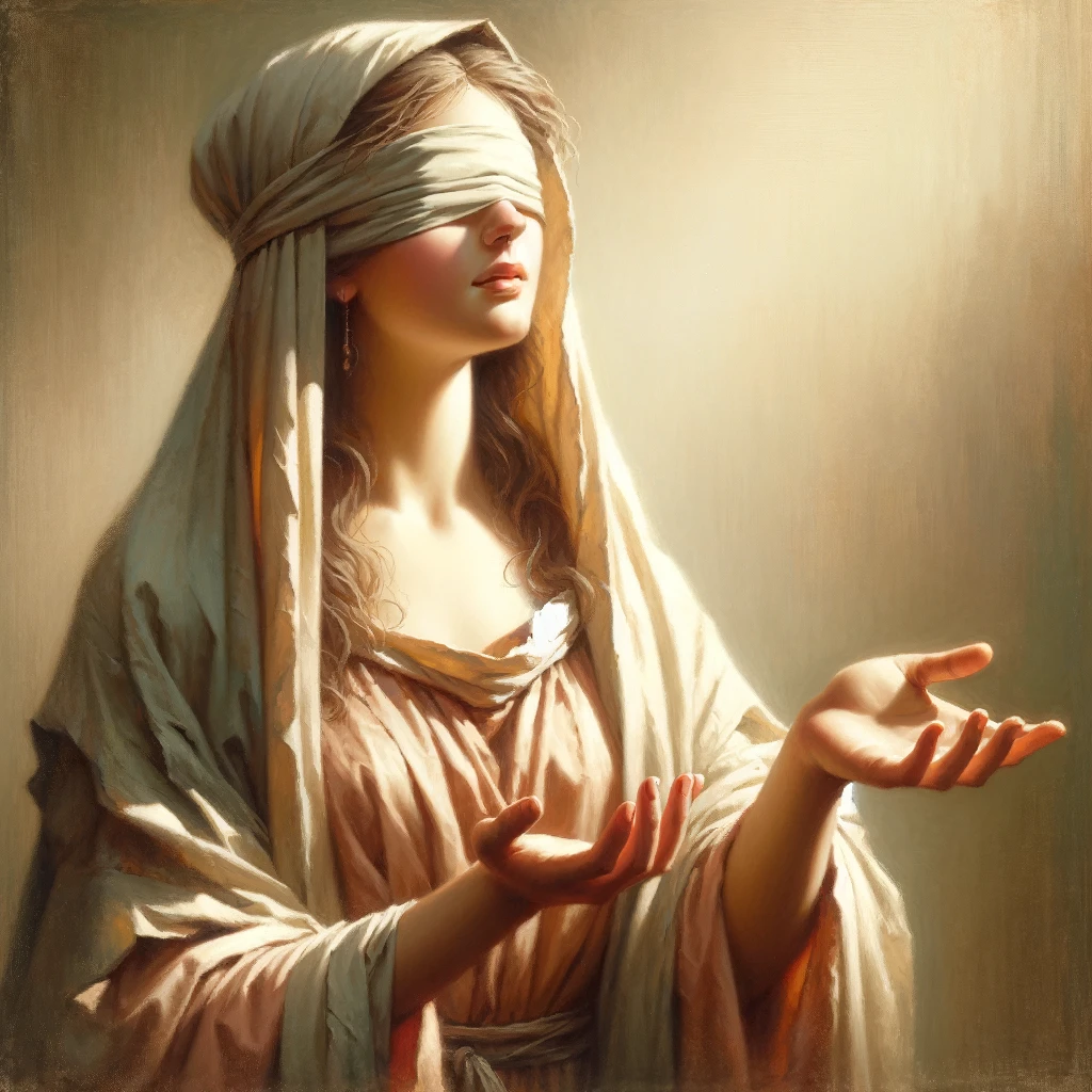 A blindfolded woman with outstretched arms, wearing a flowing robe and headscarf, in soft, warm lighting.