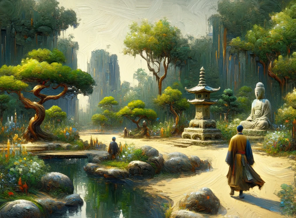 A serene landscape featuring lush greenery, vibrant flowers, and a calm pond. A robed figure walks along a path, decorated by a large stone statue of a seated figure.