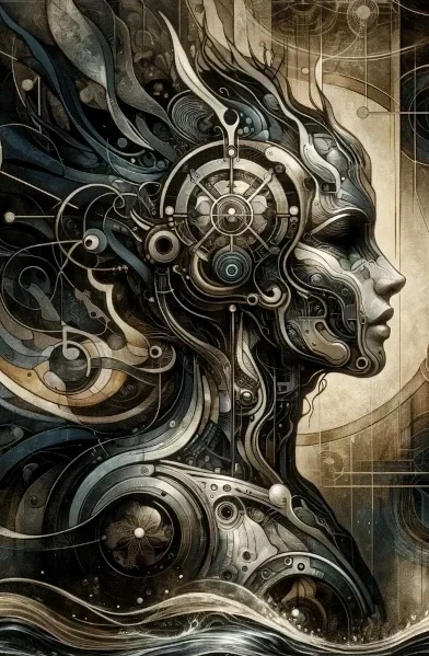 A portrait of a mechanical figure with intricate gears and machine parts forming the facial features, set against a backdrop with geometric shapes and ethereal lines.