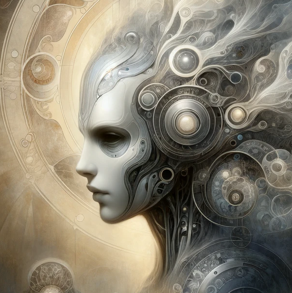 A portrait of a humanoid figure with intricate mechanical and organic elements integrated into its face and head, set against a soft, ethereal background.